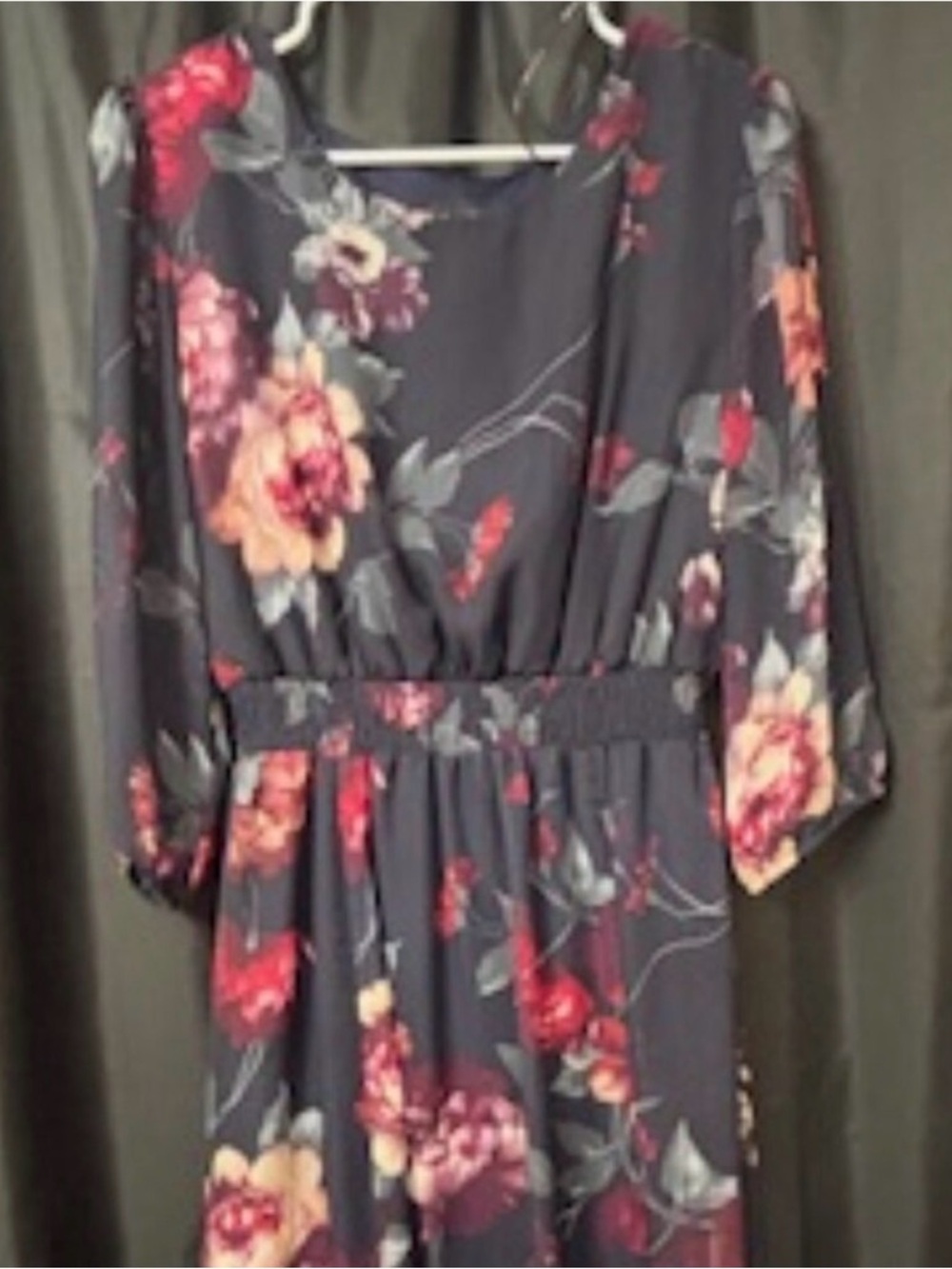 Floral Midi Dress in Navy with Pink & Peach Blooms